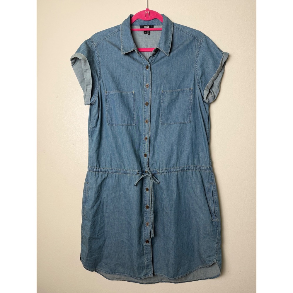 PAIGE Denim Shirt Dress Womens Large Blue Excellent Drawstring Waist Mini Pocket